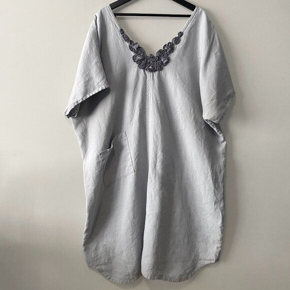Handmade Plus Size 100% Linen Blue Grey Patch Pocket Floral Appliqué Dress - Picture 1 of 16